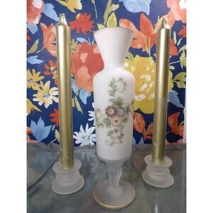 Vintage Frosted Satin Glass Vase with Flowers and Candle Holders 3 Pieces